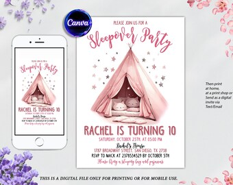 Sleepover Birthday Invitation, Girl Pajama Party, Slumber Party Invitation, Glamping, Sleepover Invites, Digital Canva Editable Printable