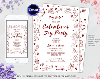 Faire-part de la Saint-Valentin, soirée entre filles de la Saint-Valentin, invitation à une fête de la Saint-Valentin, coquette de Cupidon dessinée à la main doodle, modèle de toile modifiable