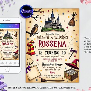 Editable Wizard Birthday Invitation: Magical Castle Party (Digital Canva Template 5x7 in)