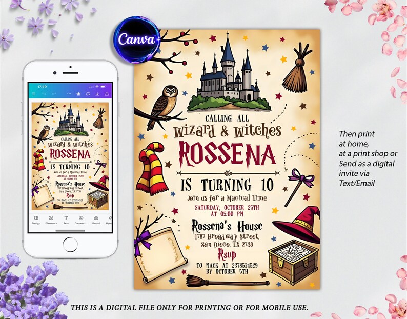 Practical Magic Invitations Editable Wizard Birthday Invitation: Magical Castle Party (digital ...