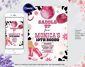 Invitación de cumpleaños de vaquera, invitación a fiesta de rodeo disco, fiesta en Nashville, invitación de rodeo rosa, fiesta de cumpleaños del oeste, plantilla editable de Canva