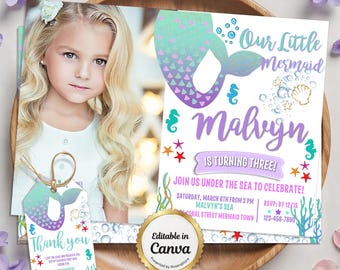 Invito di compleanno a tema coda di sirena con foto, invito di compleanno a tema sirena sotto il mare, invito per festa a tema sirena, modello Canva modificabile