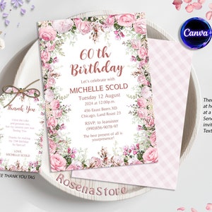 Convite de aniversário de 60 anos, convite floral de aniversário, convite de aniversário adulto, qualquer idade, surpresa floral em ouro rosa, festa de 60 anos