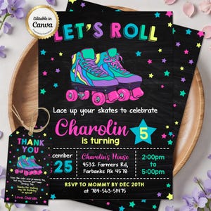 Roller Skate Birthday Invitation, Let's Roll Skating Party Invite, Retro Neon Skates Celebration, Skate Rink Invitation, Editable Canva