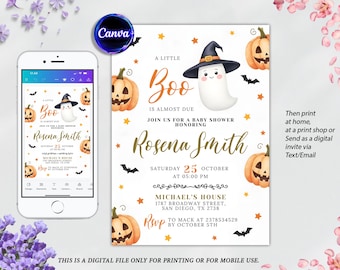 Editable Little Boo Baby Shower Invitation, Halloween Ghost Invite, Cute Pumpkin Baby Shower Template, A Little Boo is Almost Due Printable