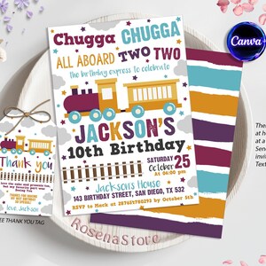 Train Birthday Invitation, Train Party Invite, Chugga Chugga Two Two, Train Thank you tag, Editable in Canva