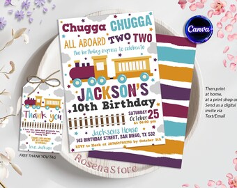 Train Birthday Invitation, Train Party Invite, Chugga Chugga Two Two, Train Thank you tag, Editable in Canva