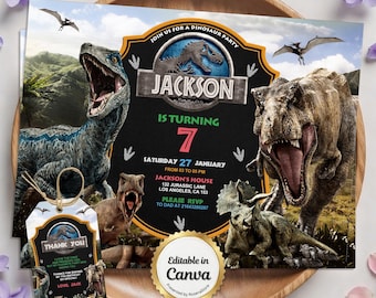 Dinosaurier-Geburtstagseinladung, T-Rex Party einladen, Dino Welt einladen, Jurassic 1.3.5 Geburtstagseinladung, bearbeitbare Canva Vorlage