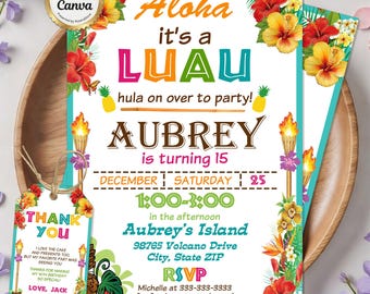 Tropical Birthday Invitation, Luau Party Invite, Hawaiian Pineapple Birthday Invitation, Aloha Birthday Party, Editable Canva Template