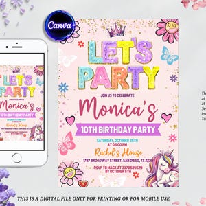 Op de afbeelding: Roze en paarse verjaardagsuitnodiging met een eenhoorn, bloemen en glitter. De uitnodiging luidt "Let's Party Monica's 10th Birthday Party".