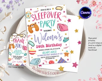 May include: A printable invitation for a sleepover party to celebrate Wilona's 10th birthday. The invitation features a pink and blue color scheme with stars, feathers, and illustrations of pajamas, eye masks, and popcorn. The text on the invitation reads "Join us fro a Sleepover Party to celebrate Wilona's 10th Birthday".