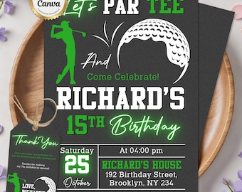 Inbjudan till golffödelsedag, inbjudan till Lets Par-tee, golffest för pojkar, födelsedagsinbjudan till sport, neongolfinbjudan, redigerbar Canvas-mall