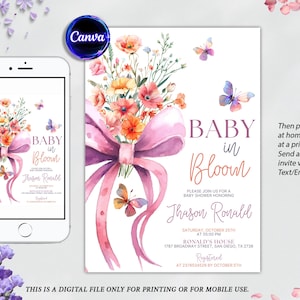 Baby in Bloom Invitation, Butterfly Baby Shower Invitation Girl, Pink Purple Butterflies Wildflower Invite Printable Baby in Bloom Shower