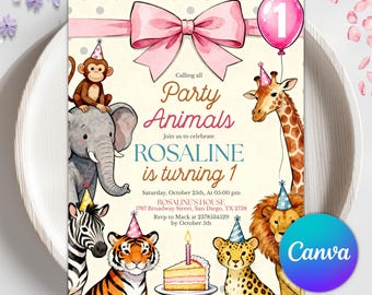 Calling All Party Animals Invitation, Girl Pink Safari Birthday Invite, Wild One Jungle Zoo, Any Age, Digital Download, Canva Template