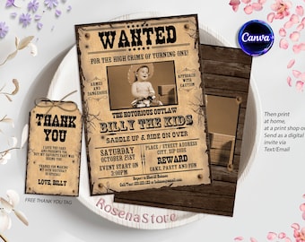 Wanted Poster Invitation, Cowboy Birthday Invitation, Cowboy Party, Picture, Western Birthday Party