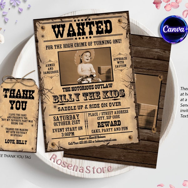 Wanted Poster Invitation, Cowboy Birthday Invitation, Cowboy Party, Picture, Western Birthday Party