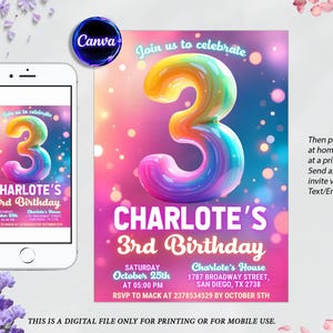3rd Birthday Invitation, Girl Glitter Birthday Invite, Rainbow Foil Invitation, Third Birthday Invite, Pink 3th Birthday Invitation