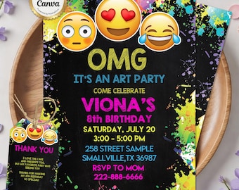 Emoji Art Birthday Invitation, Emoji Painting Party Invitation, OMG Birthday Party Invitation, Tween Birthday Party Invite, Girl Invitation