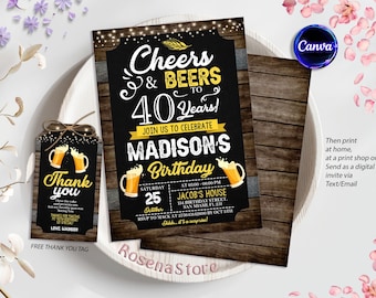 Cheers and Beers Birthday Party Invitation, Editable Surprise Beer Party, 30th 40th 50th Invite, Any Age, Digital Editable Printable