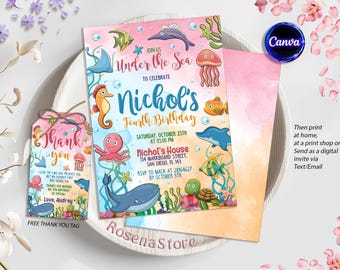 Under The Sea Birthday Invitation, Ocean Animals Party Invite, Magical Sea Life Invitation, Ocean Theme, Oneder the Sea Birthday Invitation