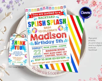 Splish Splash Backyard Bash Birthday Party Invitation, Summer Pool Party Invitation, Waterslide Invitation, Editable in Canva