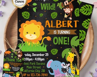 Wild One Birthday Invitation, Safari Jungle Animals 1st Birthday Invite, Chalkboard Safari Party, Editable Canva Template