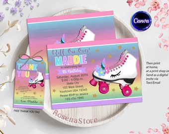 Editable Roller Skate Birthday Invitation, Roller Skate Party Invitations, Rainbow Birthday Invite, Girls Invitation