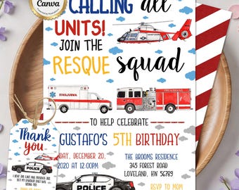 Emergency Vehicles Birthday Invitation, Rescue Vehicles Birthday Invitation, Rescue Birthday, Transportation, Editable Canva Template