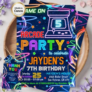 Arcade Birthday Invitation, Video Game Party Invite, Gamer Birthday Card, Neon Retro Gaming, Game On Celebration, Editable Canva Template