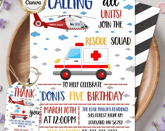 Emergency Vehicles Birthday Invitation, First Responders Theme, Calling All Units Invitation, Editable  Canva Template