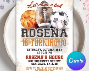 Lets Have a Ball Sports Birthday Invitation, Editable All Star Party, Soccer Baseball Football Basketball, Digital Printable Canva Template