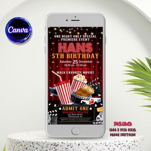 Invitación electrónica de noche de cine, invitación de cumpleaños de noche de cine, fiesta de cine Evite, editable con Canva