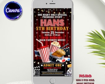 Invitación electrónica de noche de cine, invitación de cumpleaños de noche de cine, fiesta de cine Evite, editable con Canva