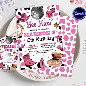 Editable Space Cowgirl Birthday Invitation, Pink Disco Cowgirl Party Invite, Nashville Party, Instant Download