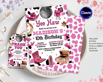 Editable Space Cowgirl Birthday Invitation, Pink Disco Cowgirl Party Invite, Nashville Party, Instant Download
