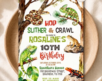 May include: A birthday invitation card featuring watercolor illustrations of a snake, chameleon, frog, iguana, and salamander. The text reads: HOP SLITHER & CRAWL ON OVER TO ROSALINE'S 10TH BIRTHDAY, SATURDAY, OCTOBER 25TH, AT 05:00 PM, ROSALINE'S HOUSE, 1787 BROADWAY STREET, SAN DIEGO, TX 2738, RSVP TO MACK AT 2378534529 BY OCTOBER 5TH.