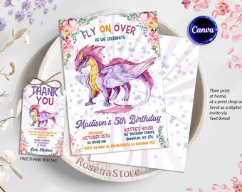 Purple Dragon Invitation, Girl Dragon Birthday Party Invitation, Dragon Invitation Editable Template, Purple Dragon Invites Instant Download