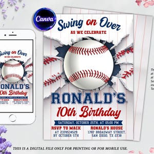 Honkbal verjaardagsuitnodiging, sportfeest verjaardagsuitnodiging, swing on over, speeltijd, honkbaluitnodiging, digitale bewerkbare afdrukbare