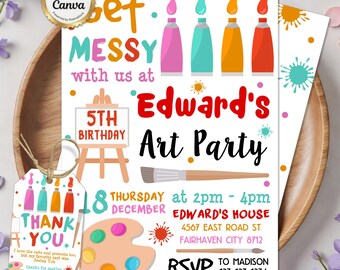 Painting Birthday Invitation, Art Party Invite, Pastel Rainbow Wtercolor, Art Painting Invitation, Editable Canva Template
