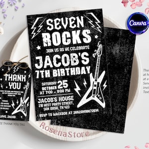 May include: Black and white printable birthday invitation with a rock and roll theme. The invitation features a white electric guitar with lightning bolts and the text "Seven Rocks Jacob's 7th Birthday". The invitation also includes the date, time, and location of the party. A matching thank you tag is included with the text "Thank You" and a smaller electric guitar graphic.