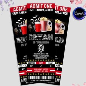 Movie Birthday Party Invitation, Movie Ticket Invitation, Movie Night Party Invite, Cineme, Boy Girls, Any Age, Instant Download