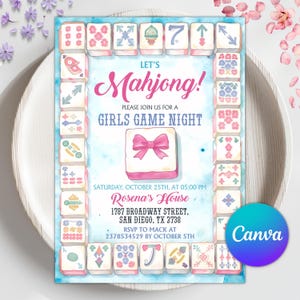 Könnte beinhalten: Eine Einladung zur Mahjong-Spielnacht mit Aquarellhintergrund. Die Einladung lautet "Let's Mahjong!" und "Girls Game Night". Das Design umfasst Mahjong-Steine und eine rosa Schleifenillustration. Die Veranstaltungsdetails sind ebenfalls enthalten.