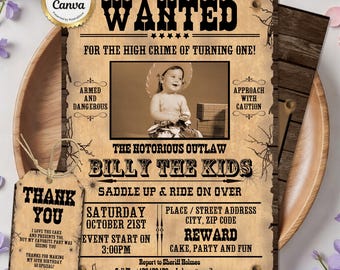 Wanted Poster Birthday Invitation, Cowboy Party, Canva Template (Digital File)