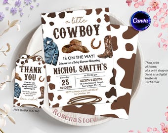 Cowboy Baby Shower Invitation, Wild West Western, Cowboy Invitation, A Little Cowboy is on the Way Invite, Editable Canva Template
