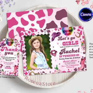 Editable Space Cowgirl Birthday Party Invitation, Pink Disco Cowgirl Party, Nashville Rodeo Birthday Party, Any Age Party, Instant Download