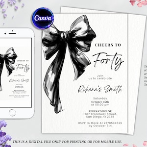 Coquette Black Bow Invitation, Minimalist Black Bow Birthday Invite, Black Ribbon Coquette 30th 40th 50th Birthday Party, Canva Template
