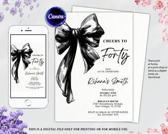 Coquette Black Bow Invitation, Minimalist Black Bow Birthday Invite, Black Ribbon Coquette 30th 40th 50th Birthday Party, Canva Template