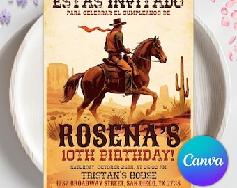 Wild West Vaquero Birthday Invitation, Vintage Cowboy, Mexican Celebration,Spanish, Editable Rodeo Birthday Invitation Canva Template