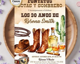 May include: Western-themed invitation with brown cowboy boots, a hat, a belt with a rooster, a bottle of liquor, and two glasses. The invitation includes text in Spanish, and details for Rosena Smith's 30th birthday.