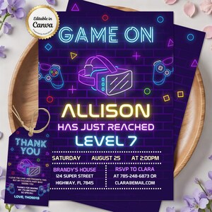 Virtual Reality Birthday Party Invitation, Neon Blue Gaming (Editable Canva Template)